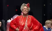 Prue Leith Stuns at London Fashion Week in Bold Red Dress Amid Nude Models at Vin + Omi Show | Daily Mail