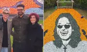 Sharon Osbourne and children put on brave face during family outing to visit giant pumpkin mural honouring late rock legend Ozzy