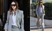 Victoria Beckham Masters Parisian Chic in Grey Flared Suit Ahead of Fashion Week Spectacle