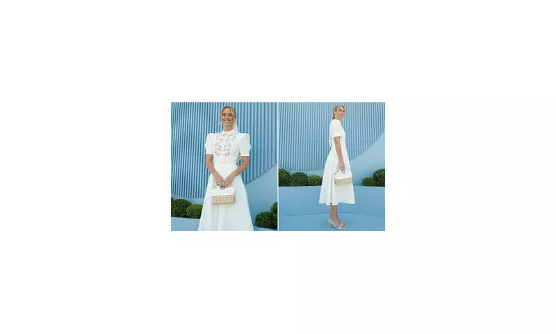 Sylvia Jeffreys Channels Audrey Hepburn in Stunning White Lace Derby Day Ensemble