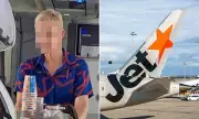 American Traveller with One Hand Removed from Jetstar Exit Row Seat