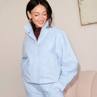 Michelle Keegan's £60 Baby Blue Faux Leather Jacket is the Perfect Spring Staple
