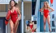 Hassie Harrison Shines in Red on Baywatch Reboot Set as Foster Kid-Turned-Olympian