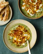 Quick Chard Borani Soup Recipe with Yoghurt and Crispy Garlic Beans