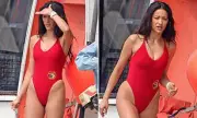 Shay Mitchell Films Baywatch Reboot in Redondo Beach in Iconic Red Bikini