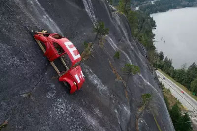 Volkswagen Beetle Shell Dangles Over BC Highway in Engineering Student Prank