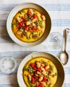 Cheesy Polenta with Tomatoes, Butter Beans, and Pesto Recipe