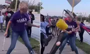 Woman in 'Make America Kind Again' Shirt Beats Trump Piñata with Pipe