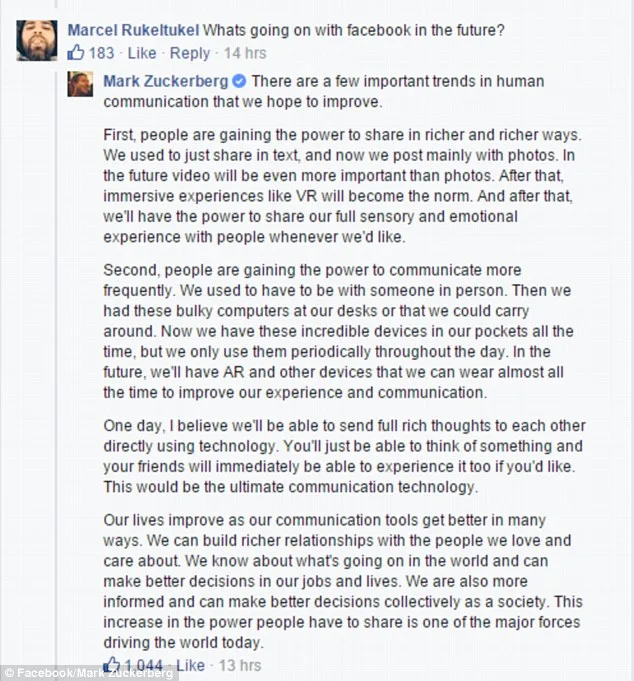 Zuckerberg Envisions Telepathic Sharing as Facebook's Ultimate Future