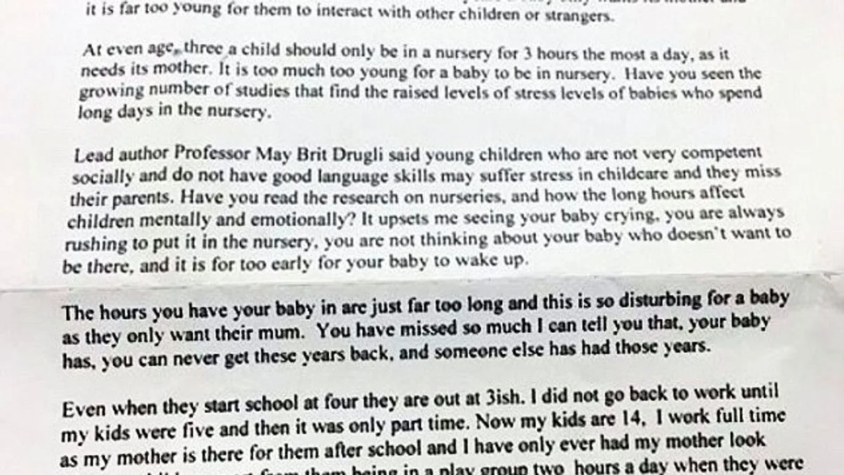 Mum Shocked by Anonymous Letter Criticising Nursery Use