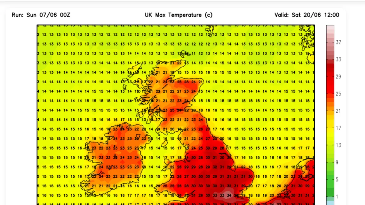 UK Weather Maps Show 34C Heat Blast Due on June 20 with 17 Areas Above 30C