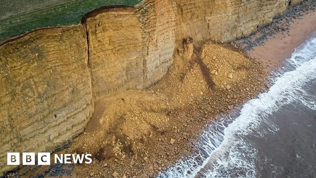 West Bay: Drone footage shows three rockfalls block beach