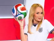 Amanda Holden Sports England Kit and White Heels for World Cup Warm-Up