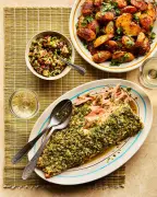 Sami Tamimi's Chermoula Salmon with Olive Salsa and Spicy Batata Harra