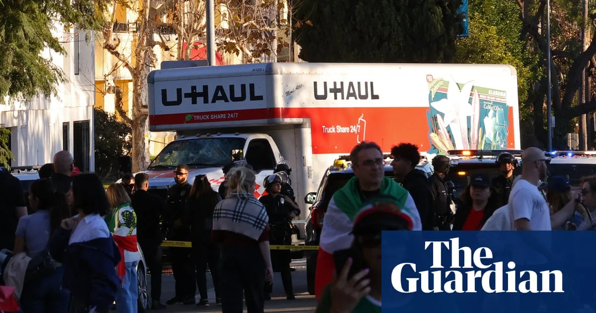 U-Haul truck drives through Los Angeles march supporting Iranian people