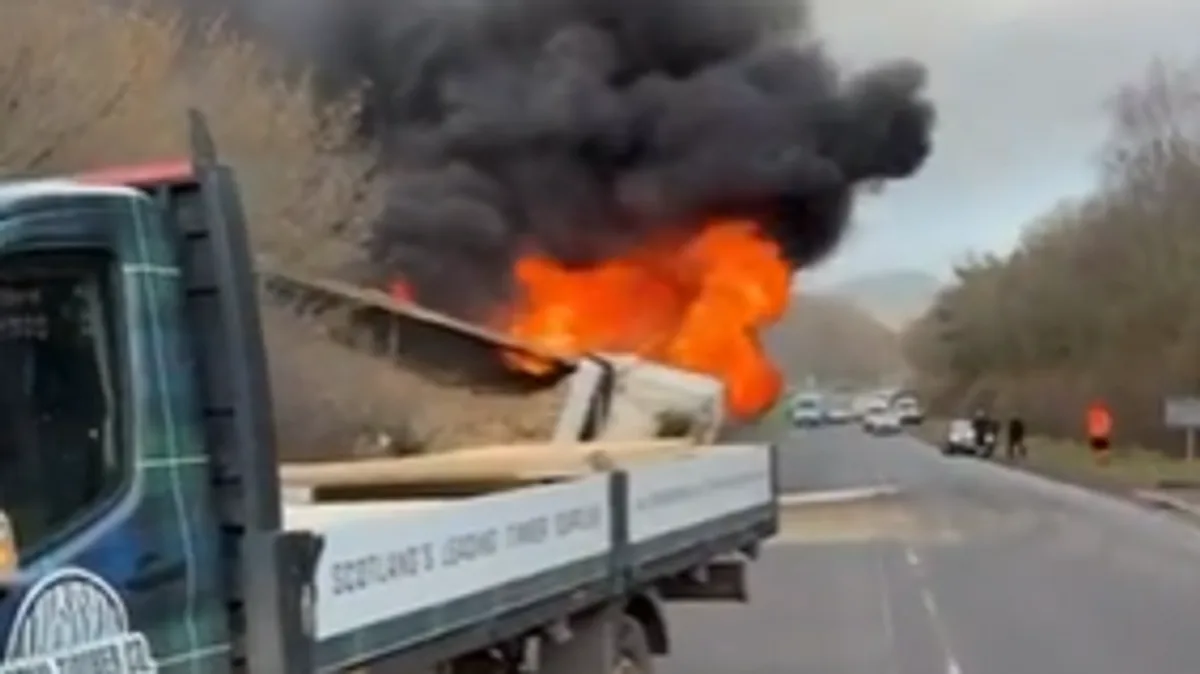 Lorry Bursts Into Flames on A1 as Tyres Fly 30 Feet High