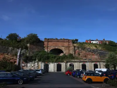 Remnant of Liverpool Overhead Railway towers over city street
