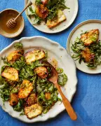 Georgina Hayden's grilled peach, halloumi and dukkah salad recipe