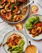 Grilled Prawns with Red Rice and Boozy Baked Peaches Recipes