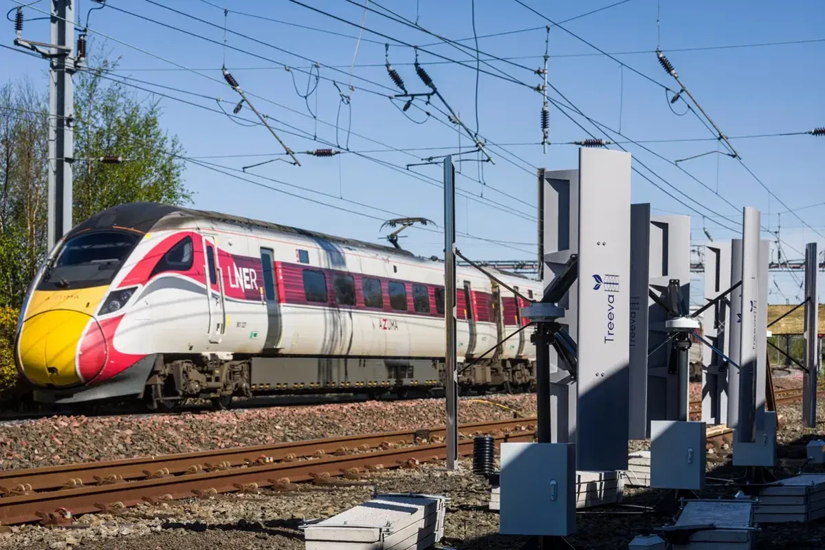 High-speed trains generate wind power in UK first as turbines installed alongside track