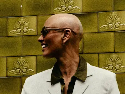 Melanie Sykes debuts shaved head in Manchester sunglasses shoot