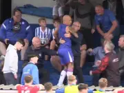 Footballer dragged away from fan after jumping into crowd and ripping top off