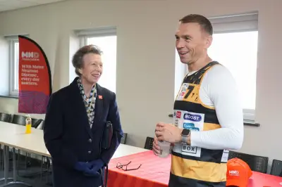Princess Royal jokes with Sir Kevin Sinfield about joining on horseback