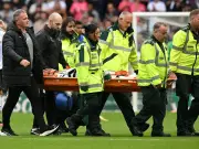 Derby striker Henrik Meister stretchered off after collapsing off the ball