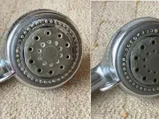 Limescale on shower head cleaned in 10 minutes with citric acid